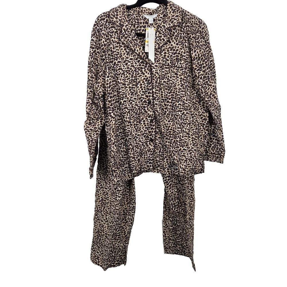 Charter Club Flannel Pajama Set Women M Cheetah Leopard Sleepwear Lounge Cotton